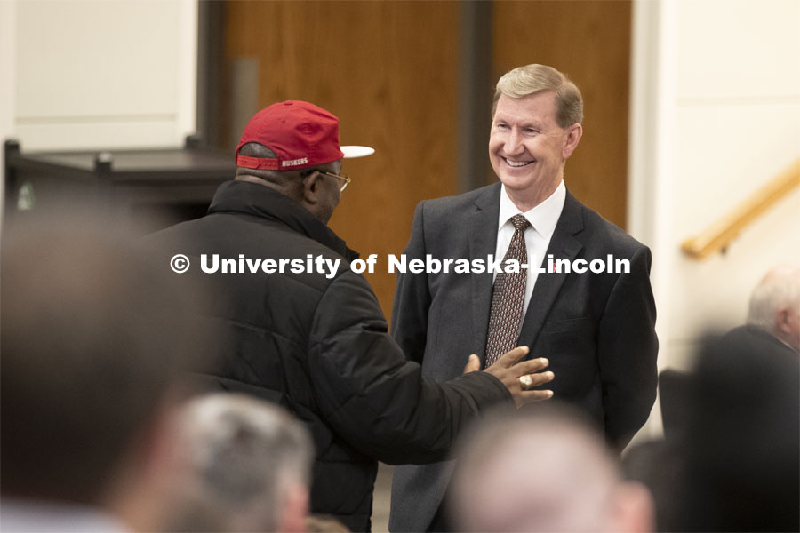 Zainudeen "Deen" Popoola Aromire (left) talks with Ted Carter during the faculty/staff open forum in the Nebraska Union's Swanson Auditorium. Aromore talked with Carter about his joy for working at the university and about the importance of diversity and inclusion. November 5, 2019. Photo by Craig Chandler / University Communication.