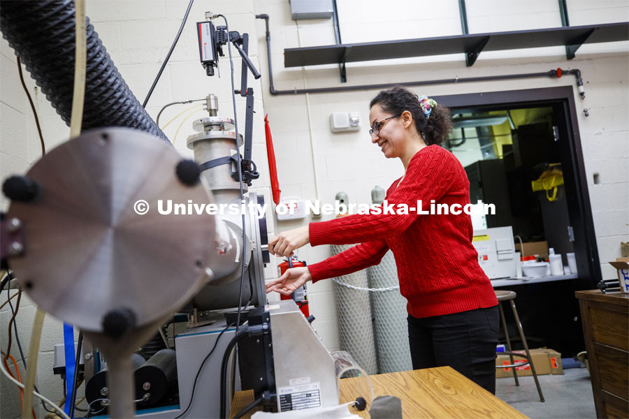 Soodabeh Azadehranjbar, a PhD student, works in the Scott Engineering Center. Mechanical and Materials Engineering photo shoot. November 5, 2019. Photo by Craig Chandler / University Communication.