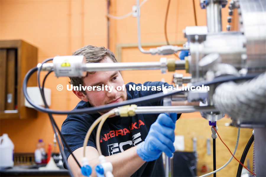 Mark Anderson, graduate student, works in the Scott Engineering Center. Mechanical and Materials Engineering photo shoot. November 5, 2019. Photo by Craig Chandler / University Communication.