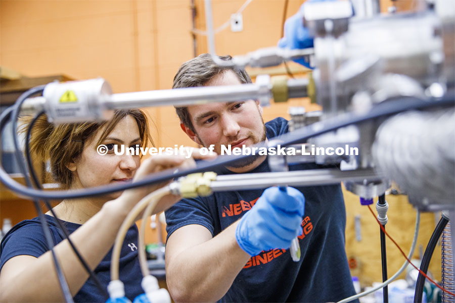 Graduate students Zahra Ahmadi and Mark Anderson, work in the Scott Engineering Center. Mechanical and Materials Engineering photo shoot. November 5, 2019. Photo by Craig Chandler / University Communication.