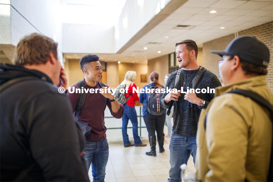 Students hanging out in a commons area. College of Law photo shoot. November 7, 2019. Photo by Craig Chandler / University Communication.