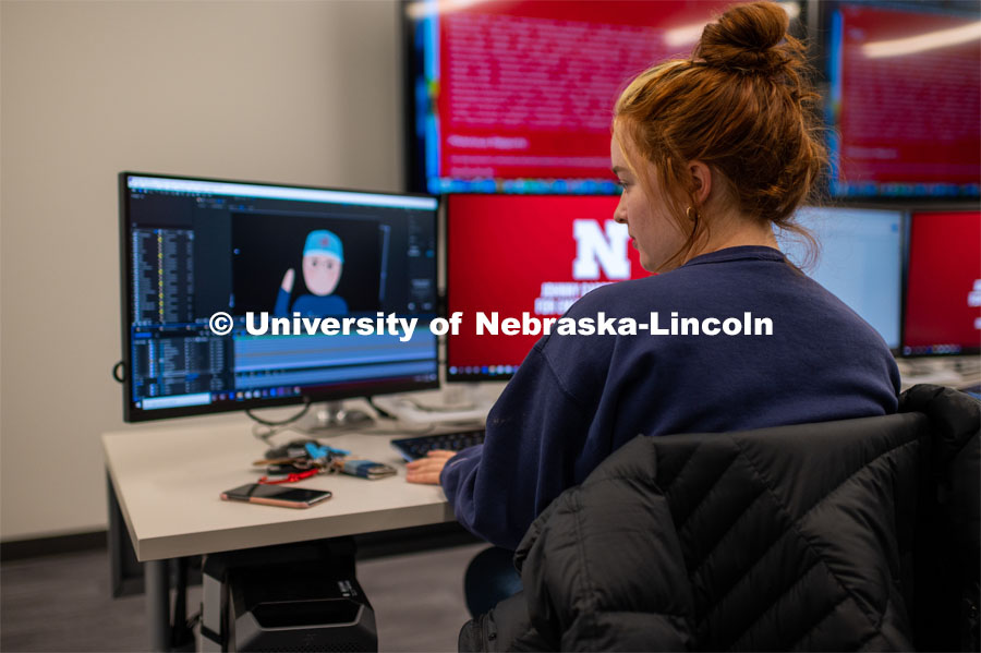 Abby Hall designs animation in the computer lab at the Johnny Carson School for Emerging Media Arts. November 12, 2019. Photo by Justin Mohling / University Communication.