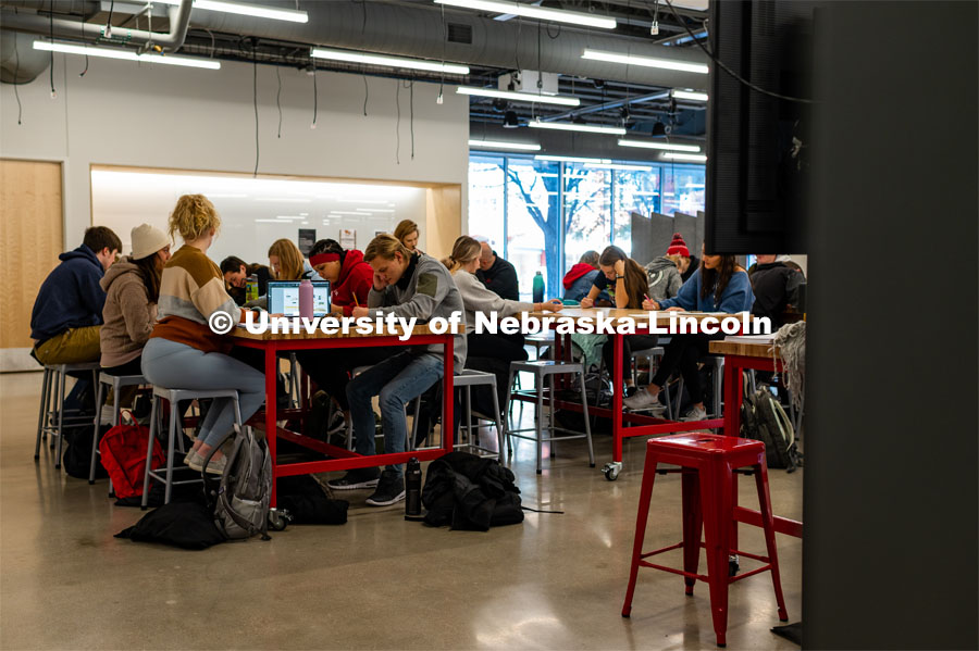 Architecture Class in the Emerging Media Arts first floor area. Johnny Carson School for Emerging Media Arts. November 12, 2019. Photo by Justin Mohling / University Communication.