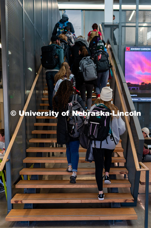 Students going up the stairs to their classes Johnny Carson School for Emerging Media Arts. November 12, 2019. Photo by Justin Mohling / University Communication.