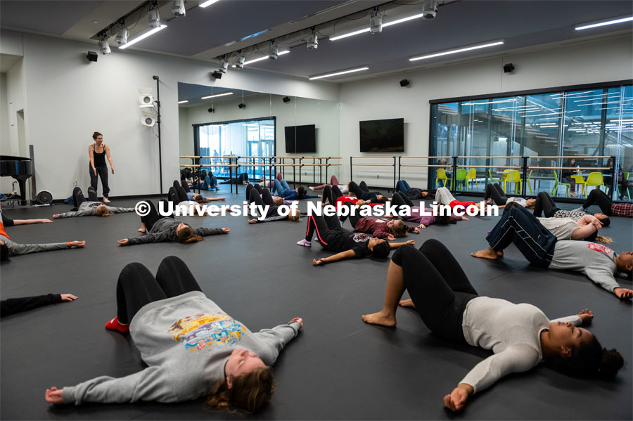 Modern Dance Class at the Johnny Carson School for Emerging Media Arts. November 12, 2019. Photo by Justin Mohling / University Communication.