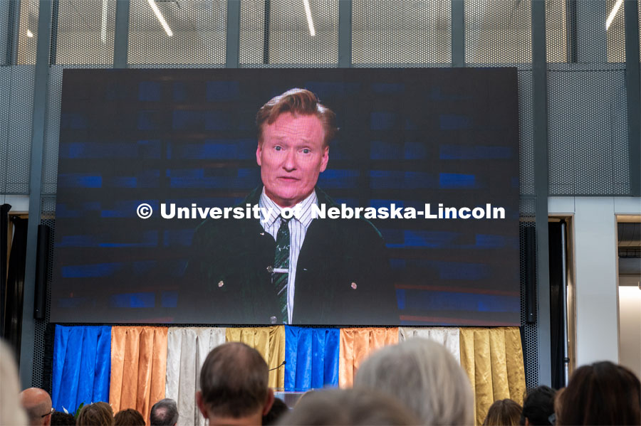 Conan O’Brien talks about how important Johnny Carson was to him and congratulating UNL on the building at the Nov. 17 dedication celebration. Johnny Carson Center for Emerging Media Arts dedication weekend. November 17, 2019. Photo by Justin Mohling / University Communication.