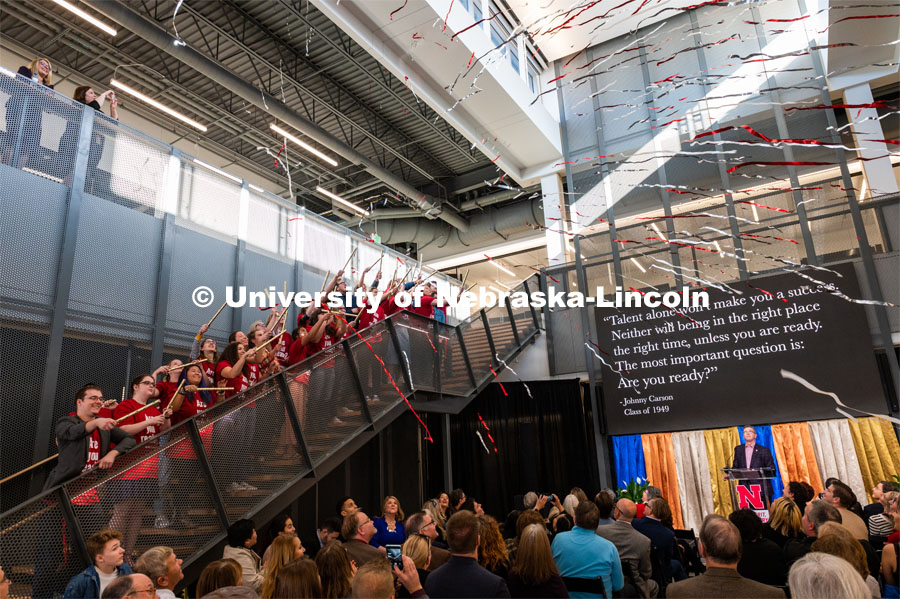 Carson Center students launch confetti from the stairs of the new facility during the Nov. 17 dedication celebration. Johnny Carson Center for Emerging Media Arts dedication weekend. November 17, 2019. Photo by Justin Mohling / University Communication.