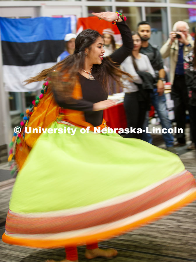 Niyukta Kanjaria performs a traditional Indian dance. Global Huskers Festival, a multicultural festival provides attendees the chance to explore the world through informational booths that will have food, cultural décor, art, and more, each hosted by UNL students from those culture. November 19, 2019. Photo by Craig Chandler / University Communication.