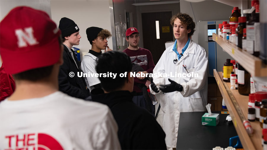 Jacob Quint, Graduate Research Assistant, Mechanical and Materials Engineering, Speaks with Students from Omaha North High School about the Research and Studies in the Engineering Program. November 20, 2019. Photo by Gregory Nathan / University Communication.