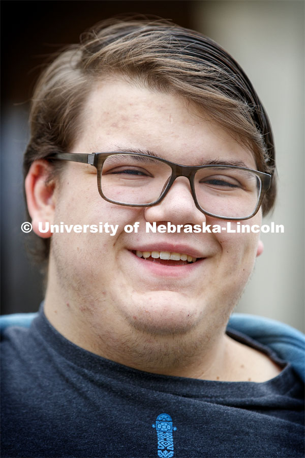 Dean Hohn, freshman in chemical engineering from Omaha, NE. Hohn mentioned Abby Sekle, Science Teacher and Academic Decathlon Coach at Omaha's Benson High School, as a teacher who greatly influenced him in high school. November 21, 2019. Photo by Craig Chandler / University Communication.
