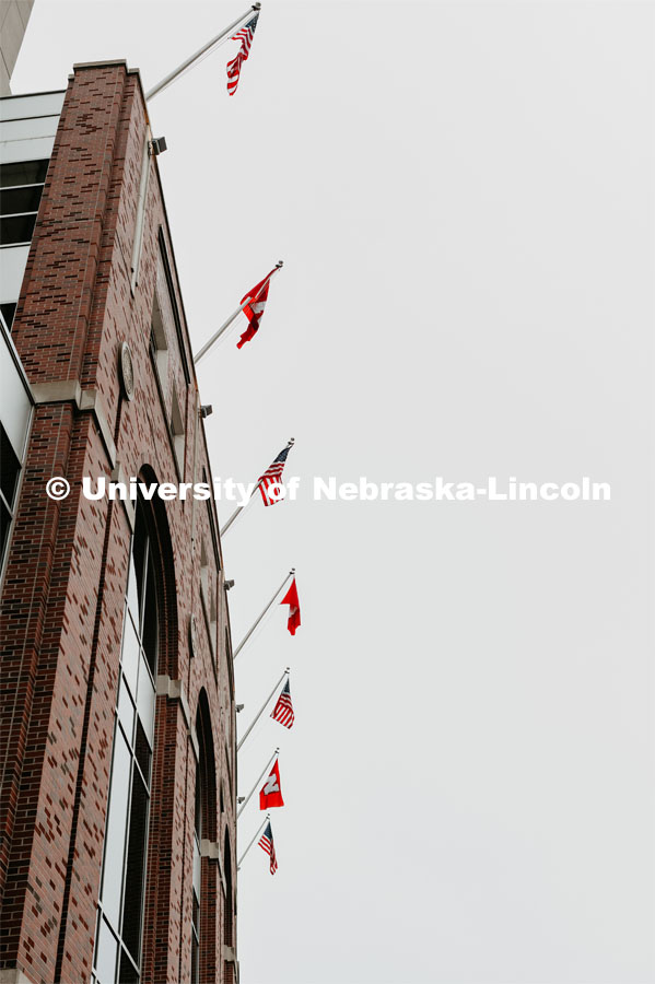 Flags on east stadium. Nebraska vs. Iowa State University football game. November 29, 2019. Photo by Justin Mohling / University Communication.