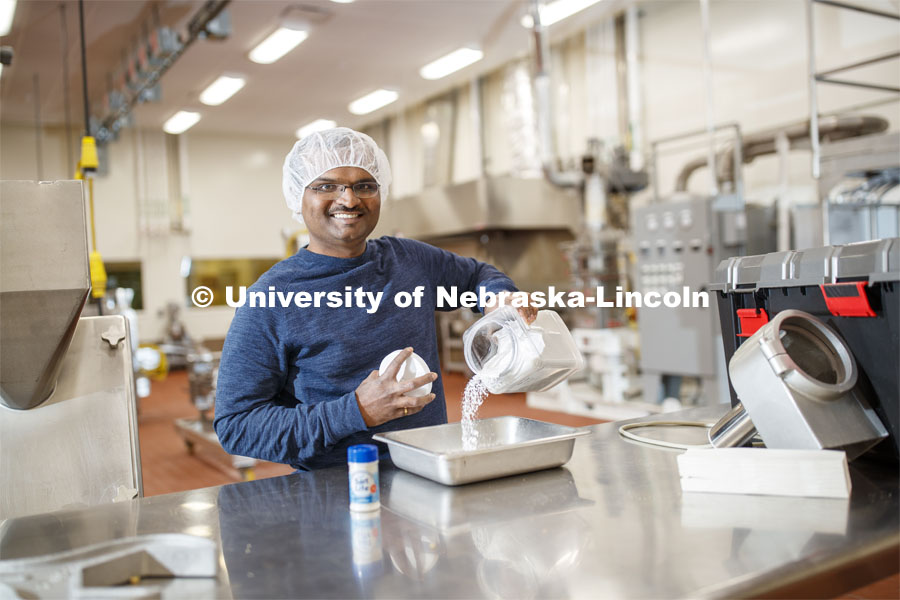 Krishnamoorthy (Krish) Pitchai, NuTek Food Science, is a NIC partner. He creates healthy alternatives for everyday pantry staples, including Salt for Life which is a salt made with potassium. They use the labs at NIC as well as the physical office spaces, and have their foods tested through the product testing groups offered at NIC. December 6, 2019. Photo by Craig Chandler / University Communication.