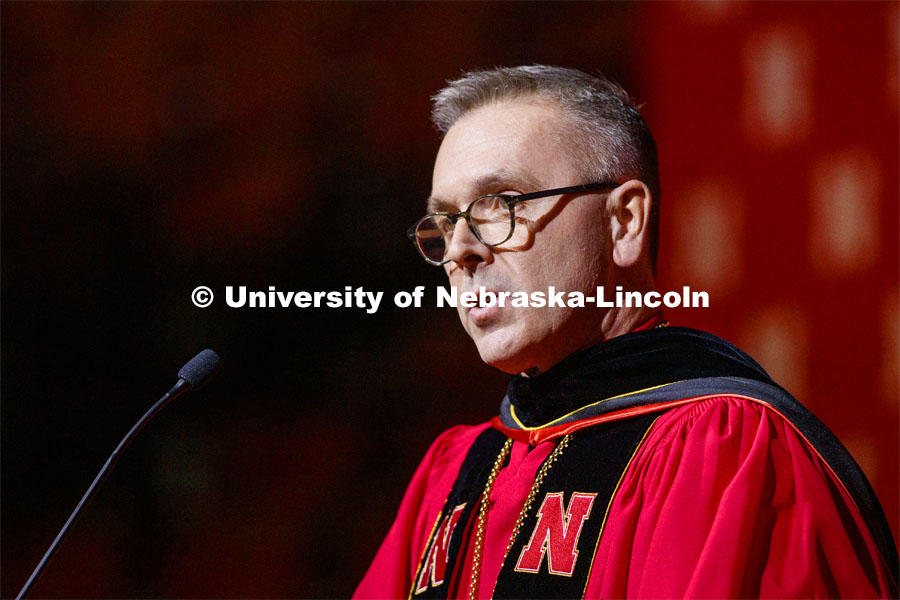 Ronnie Green gives opening remarks at the Graduate Commencement and Hooding at the Pinnacle Bank Arena. December 20, 2019. Photo by Craig Chandler / University Communication.