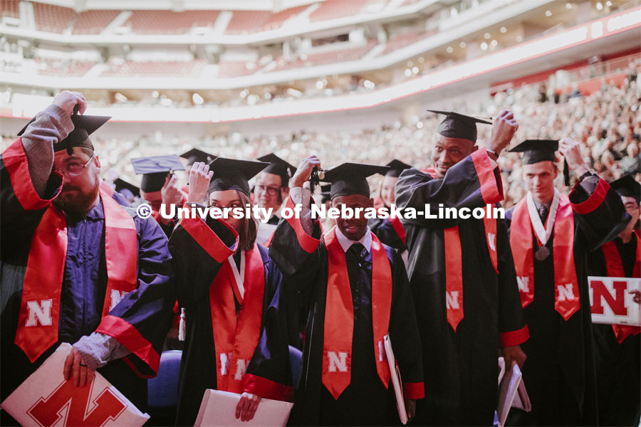 Students move their tassels to the left to signify they have graduated. December Undergraduate commencement at Pinnacle Bank Arena. December 21, 2019. Photo by Craig Chandler / University Communication.