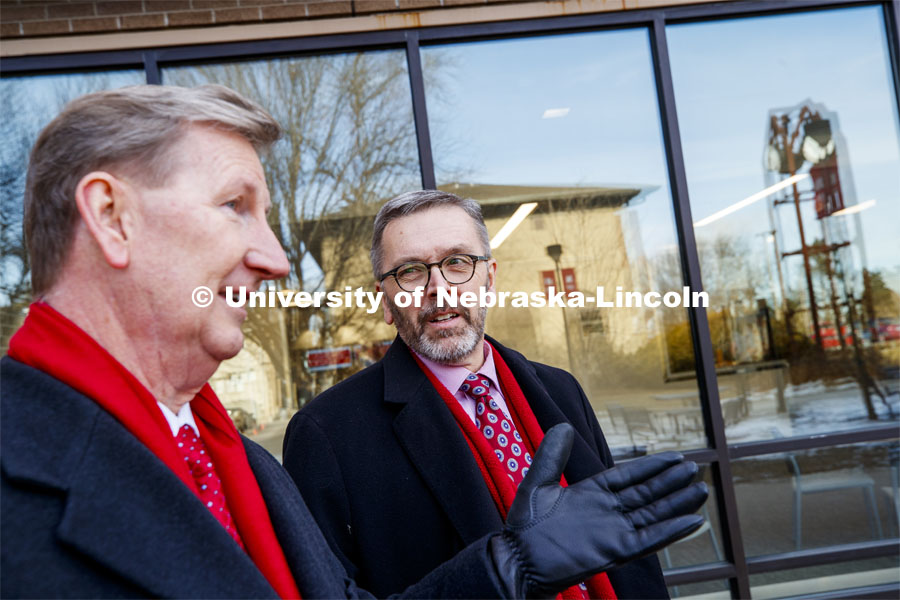 NU President Ted Carter talks with Chancellor Ronnie Green outside the East Campus Union. January 16, 2020. Photo by Craig Chandler / University Communication.