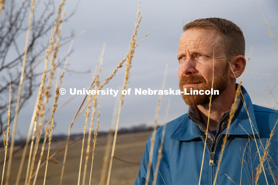 Anthony Schutz, pictured outside, Nebraska Law professor researching water rights. January 31, 2020. Photo by Craig Chandler / University Communication.