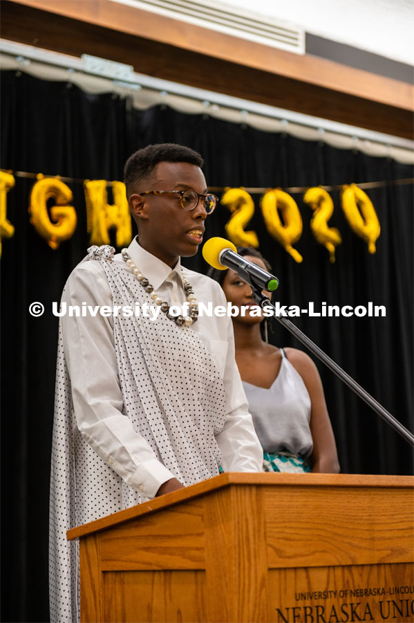 A student speaks about importance of event. University of Nebraska–Lincoln's Rwanda Night celebration in the Nebraska Union's Centennial Room. The annual event feature Rwandan-inspired cuisine, dancing and traditional music. February 1, 2020. Photo by Justin Mohling / University Communication.