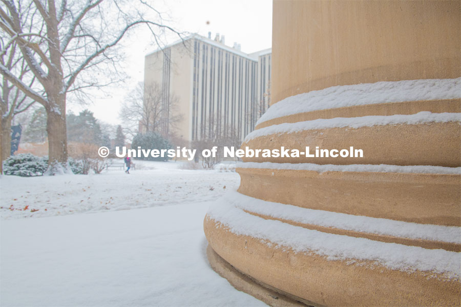 Louise Pound Hall column is covered with snow. Snow on UNL’s City Campus. February 5, 2020. Photo by Gregory Nathan / University Communication.