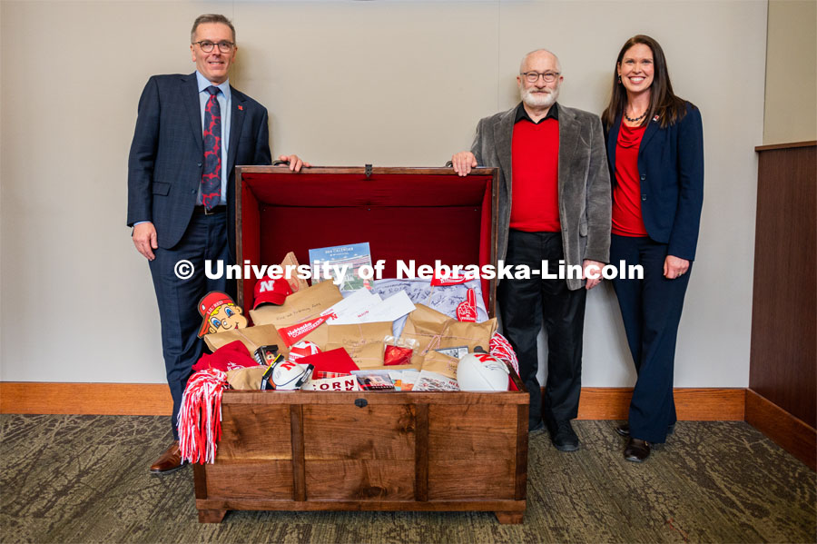 From left are Chancellor Ronnie Green, Jim Schmucker and Shelley Zaborowski. Schmucker created the chest from black walnut over the course of three months. A new time capsule, set to be placed in the Wick Alumni Center, has captured the spirit of Nebraska's 150th year for future generations of Huskers. Jim Schmucker, a University Alumnus, created the chest from black walnut that he’d saved from his father’s farm. The time capsule contains individual packages from a variety of campus organizations. The N2025 strategic plan was released by Chancellor Ronnie Green during the State of Our University address. The Address was held at Innovation Campus. February 14, 2020. Photo by Justin Mohling / University Communication.
