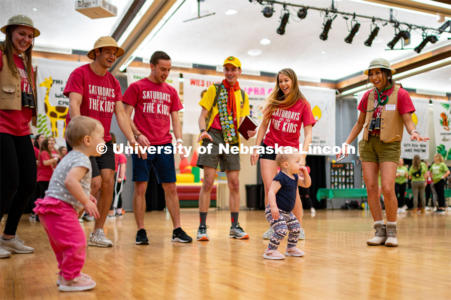 Students dance with some of the children. University of Nebraska–Lincoln students exceeded their goal, raising $235,229 during the annual HuskerThon on Feb. 29. Also known as Dance Marathon, the event is part of a nationwide fundraiser supporting Children’s Miracle Network Hospitals. The annual event, which launched in 2006, is the largest student philanthropic event on campus. The mission of the event encourages participants to, “dance for those who can’t.” All funds collected by the Huskers benefit the Children’s Hospital and Medical Center in Omaha. February 29, 2020. Photo by Justin Mohling / University Communication.