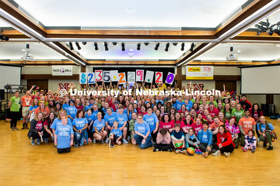 Students reveal the total raised during the 2020 HuskerThon. University of Nebraska–Lincoln students exceeded their goal, raising $235,229 during the annual HuskerThon on Feb. 29. Also known as Dance Marathon, the event is part of a nationwide fundraiser supporting Children’s Miracle Network Hospitals. The annual event, which launched in 2006, is the largest student philanthropic event on campus. The mission of the event encourages participants to, “dance for those who can’t.” All funds collected by the Huskers benefit the Children’s Hospital and Medical Center in Omaha. February 29, 2020. Photo by Justin Mohling / University Communication.