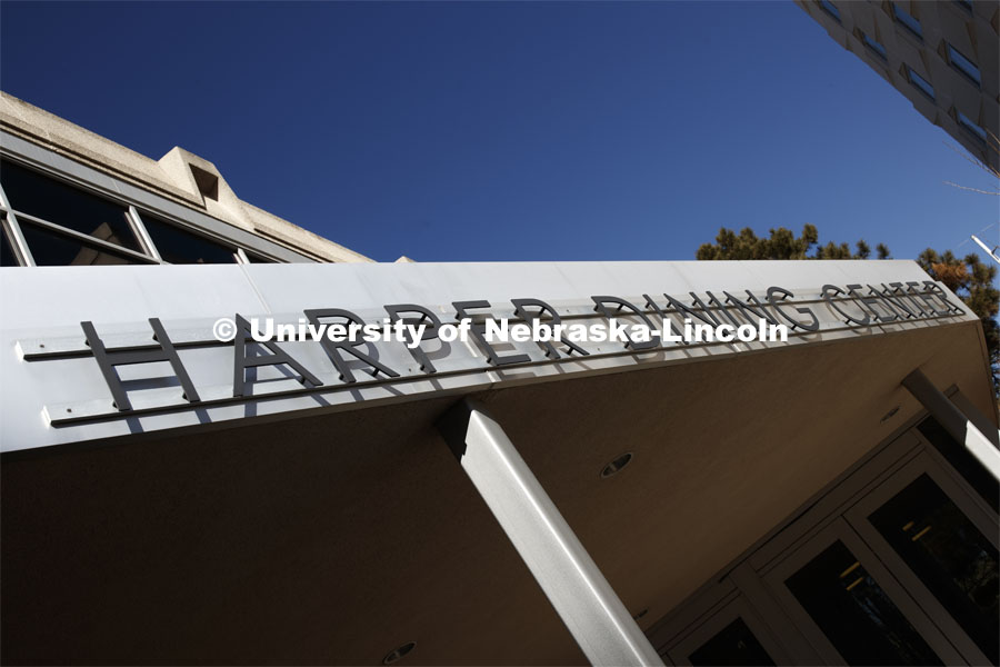 Sign on outside of Harper Dining Center. Harper Dining Center photo shoot. March 3, 2020. Photo by Craig Chandler / University Communication.