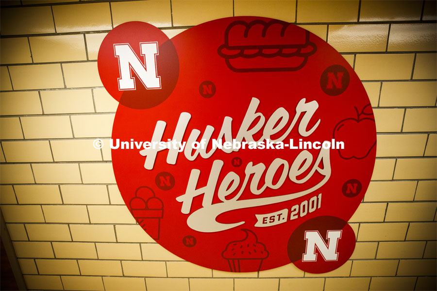 Selleck Dining Center photo shoot. Husker Heroes logo on the wall in Selleck Dining Center. March 5, 2020. Photo by Craig Chandler / University Communication.