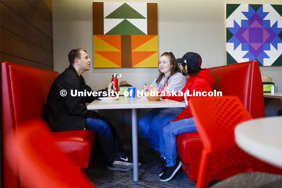 East Campus Dining Center photo shoot. Students eating and socializing at the East Campus Dining Center. March 6, 2020. Photo by Craig Chandler / University Communication.