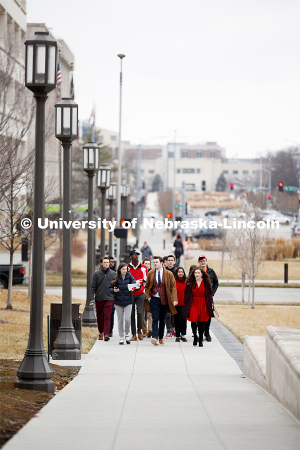 NU Advocacy Day at the Capitol. Students walking to the Nebraska State Capitol. March 10, 2020. Photo by Craig Chandler / University Communication.