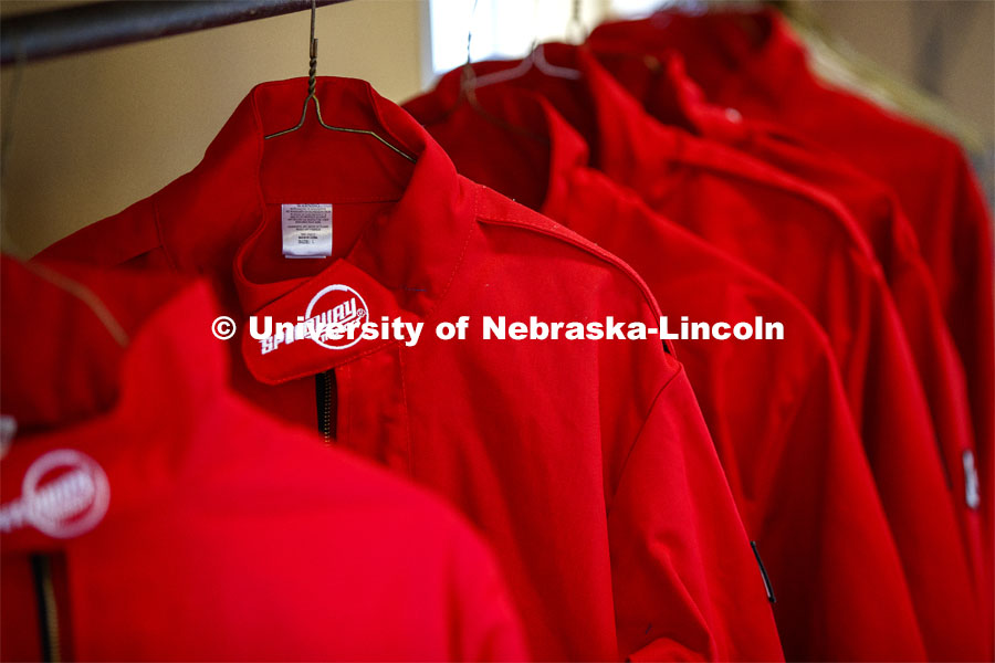 Speedway Motors donated fire resistant coveralls so make it safer working with the ethanol. Hand sanitizer is being made at Nebraska Innovation Campus thanks to a collaboration between the Food Innovation Center and the Nebraska Ethanol Board. April 6, 2020. Photo by Craig Chandler / University Communication.