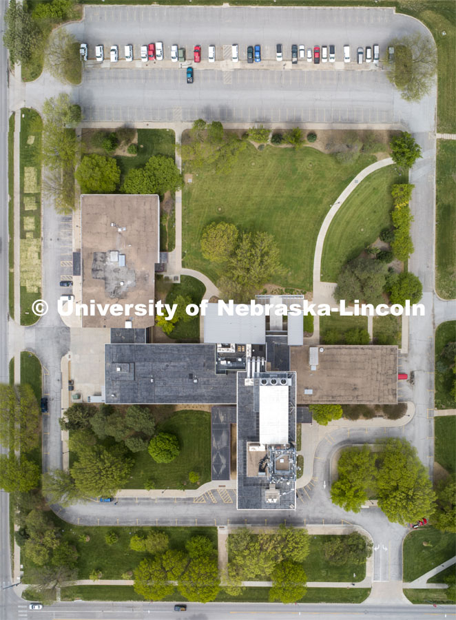 Aerial view of Hardin Hall. Drone photo is a composite of multiple images because of 400' ceiling for UAV flights. East Campus aerials. May 12, 2020. Photo by Craig Chandler / University Communication