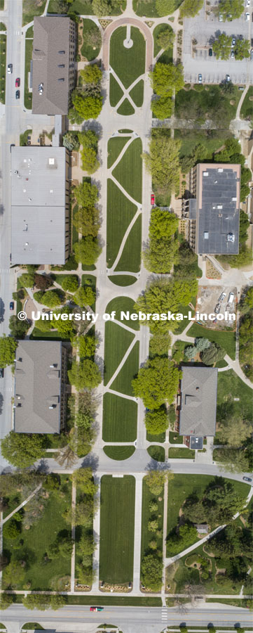 Aerial views of the East Campus Mall. Drone photo is a composite of multiple images because of 400' ceiling for UAV flights. East Campus aerials. May 12, 2020. Photo by Craig Chandler / University Communication