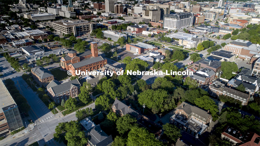 Greek row looking southwest from 16th Street. Drone footage of City Campus. May 29, 2020. Photo by Craig Chandler / University Communication.