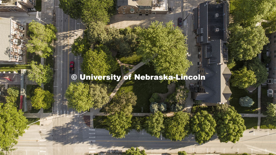 Green space on 16th and R Streets. Drone footage of City Campus. May 29, 2020. Photo by Craig Chandler / University Communication.