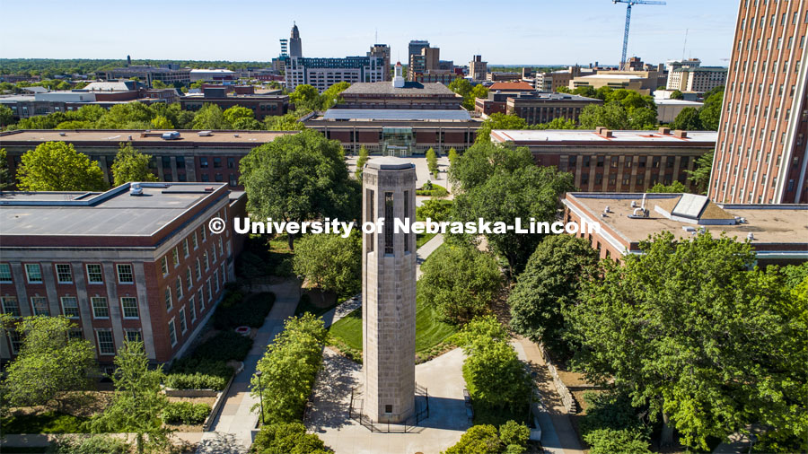 South side of City Campus behind the Mueller Bell Tower. Drone footage of City Campus. May 29, 2020. Photo by Craig Chandler / University Communication.