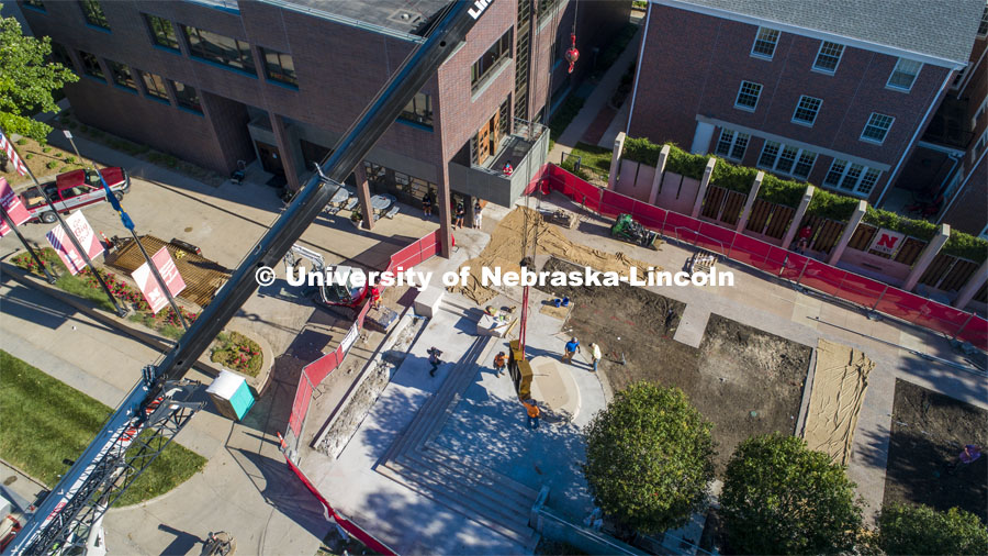 A stainless-steel N is the centerpiece of the Alumni Association's remodeled Holling Garden. Designed by artist Matthew Placzek. The statue was lifted into place by a crane Wednesday morning, June 24, 2020. Photo by Craig Chandler / University Communication.