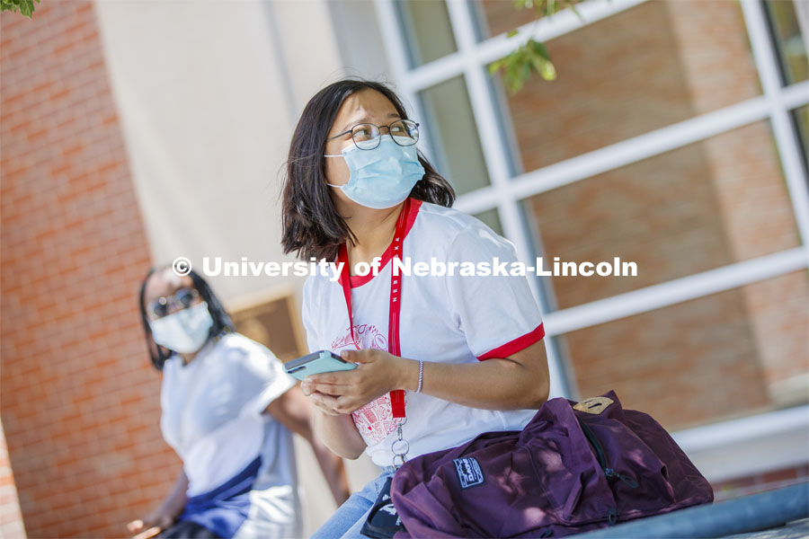 Sandhya Karki wears a mask. Photo shoot of students wearing masks and practicing social distancing. June 24, 2020. Photo by Craig Chandler / University Communication.