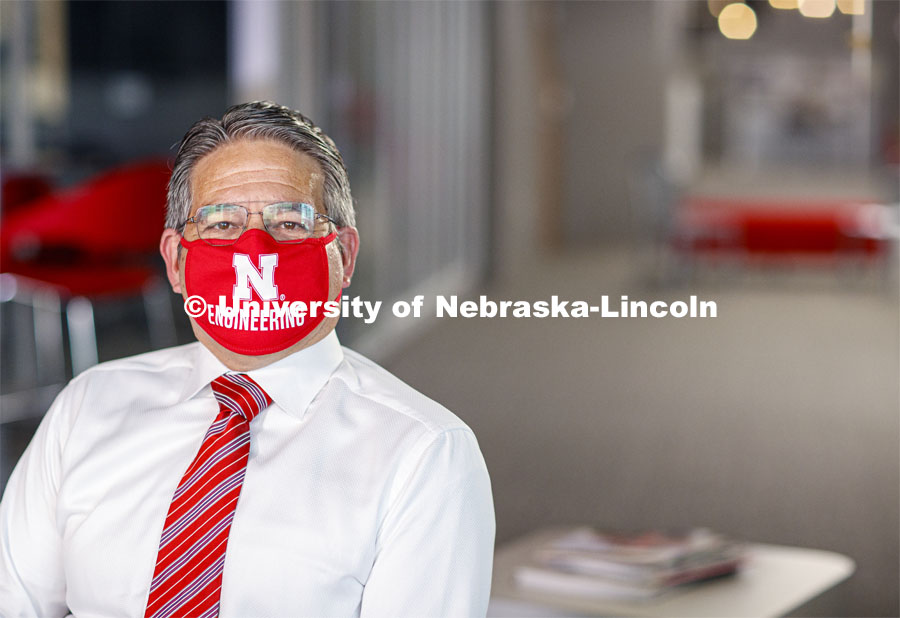 Engineering Dean, Lance Perez wears his mask during an interview.  July 17, 2020. Photo by Craig Chandler / University Communication.