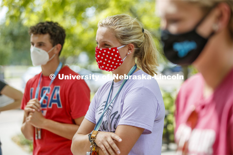 Kaitlyn Fehlhafer of Utica, NE, listens to CASNR Dean Tiffany Heng-Moss talk with students during the Launch. CASNR Launch for new students included a walking tour of East Campus with multiple stops to learn about majors, programs and points of interest like the Dairy Store. August 20, 2020. Photo by Craig Chandler / University Communication.