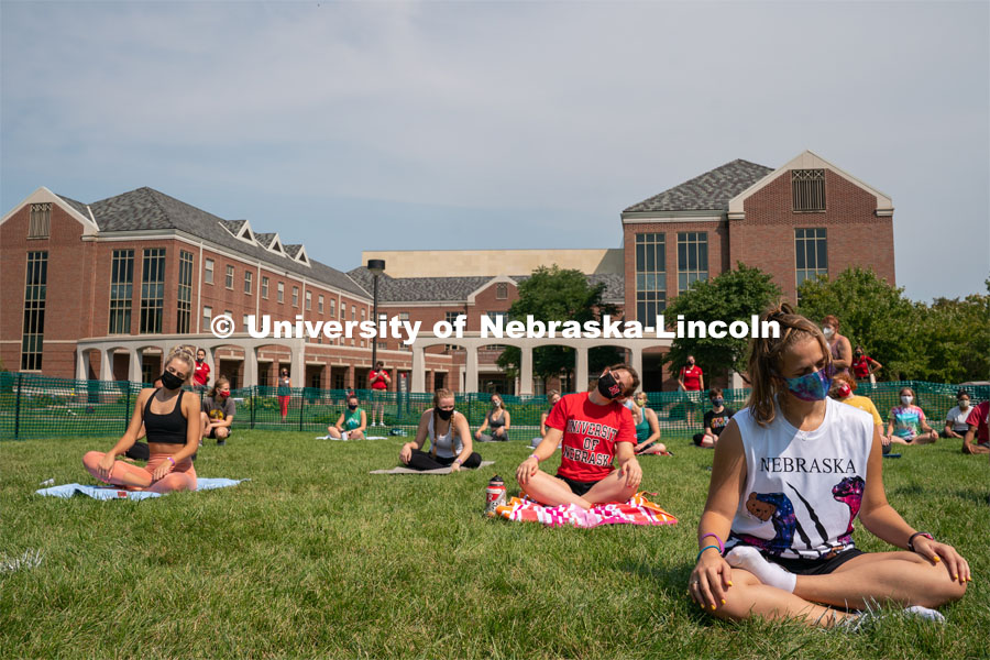 Students participate in yoga during Wellness Fest at Meier Commons. August 22, 2020. Photo by Jordan Opp for University Communication.