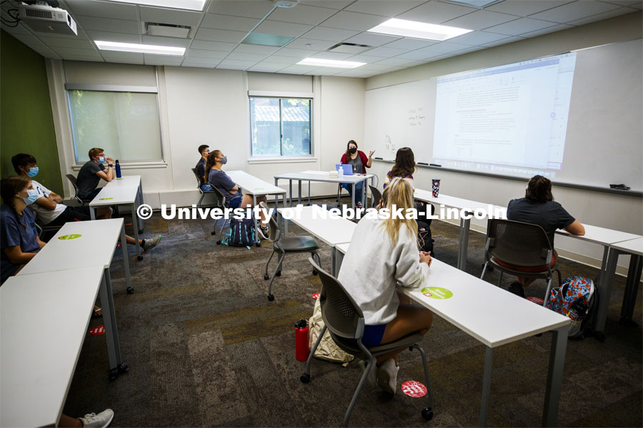 Jessica Poli teaches her ENGL 150 Writing and Inquiry class in Andrews Hall Monday morning. First day for in-person learning for the fall semester. August 24, 2020. Photo by Craig Chandler / University Communication.