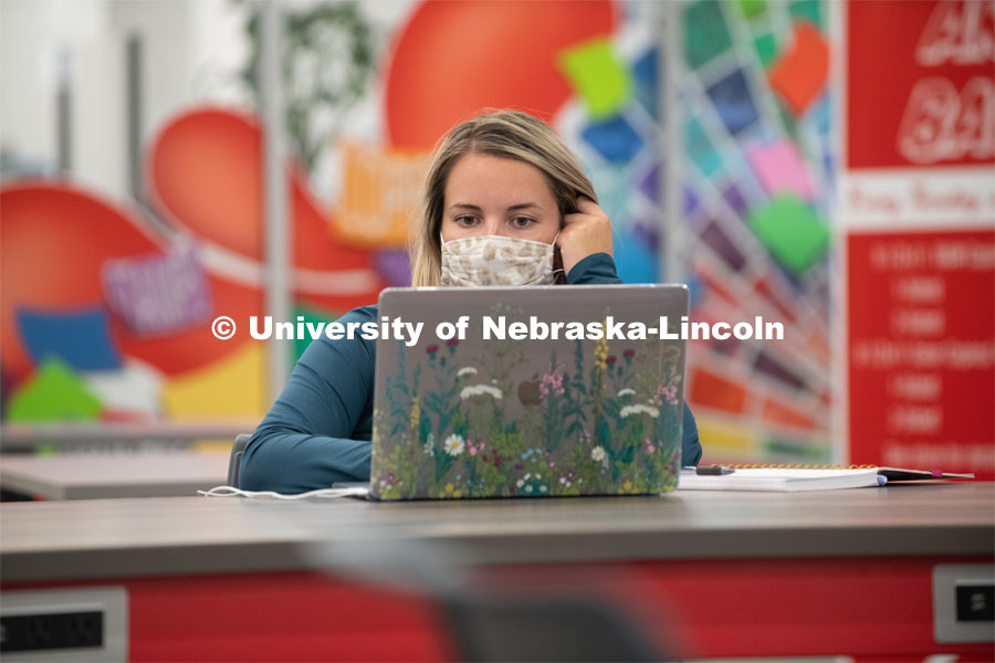 Kenzie Brabec, a Junior from Morse Bluff Studies in the newly renovated East Campus Union. First day of in-person learning for the fall semester. August 24, 2020. Photo by Gregory Nathan / University Communication.