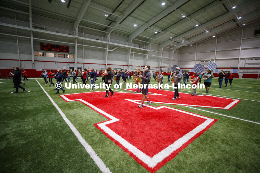 Cornhusker Marching Band practice in Cook Pavilion. One third of the marching band meets each morning at Cook to practice as the rest of the band practices in other locations where they can properly distance. September 10, 2020. Photo by Craig Chandler / University Communication.