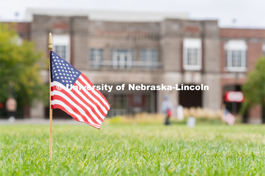 An American flag placed in the Donald and Lorena Meier Commons on Thursday, September 10, 2020 in Lincoln, Nebraska. The flag is a part of a 9/11 memorial put together by the Association of Students of the University of Nebraska. 9/11 memorials. Photo by Jordan Opp for University Communication.