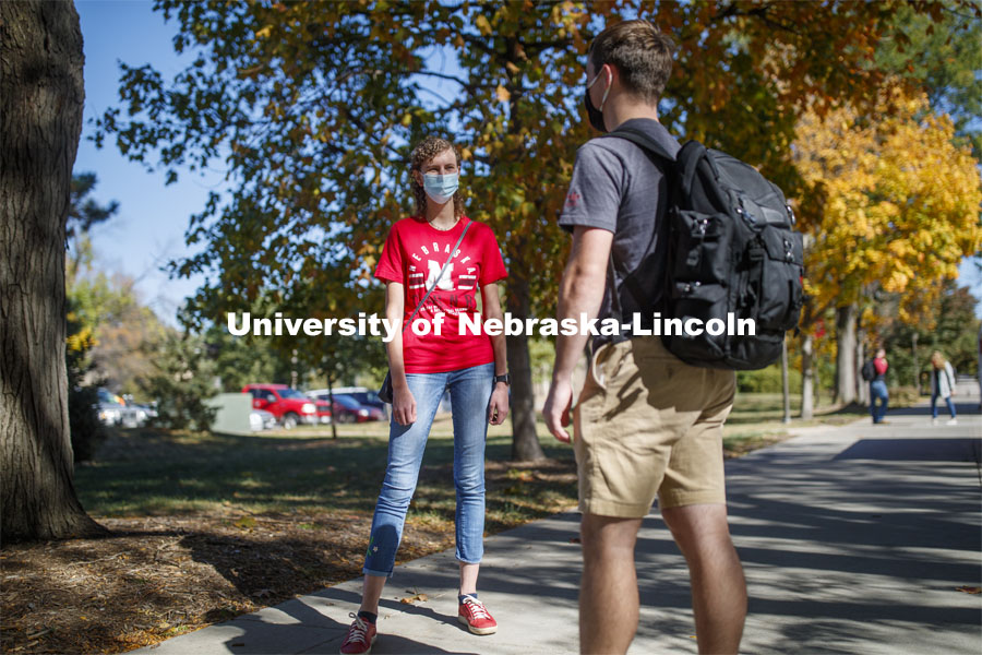 Students crossing campus. East Campus photo shoot. October 13, 2020. Photo by Craig Chandler / University Communication.