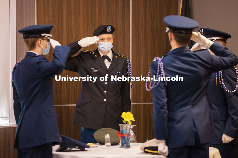 ROTC Cadets perform a POW/MIA ceremony before the National Roll Call. The University of Nebraska–Lincoln joined campuses nationwide in a moment of silence at 1 p.m. on Veterans Day, to honor American men and women who died in service to their country. The moment of silence is part of National Roll Call 2020, a Veterans Day remembrance. This year, ROTC also did a POW/MIA ceremony before the National Roll Call. November 11, 2020. Photo by Craig Chandler / University Communication.