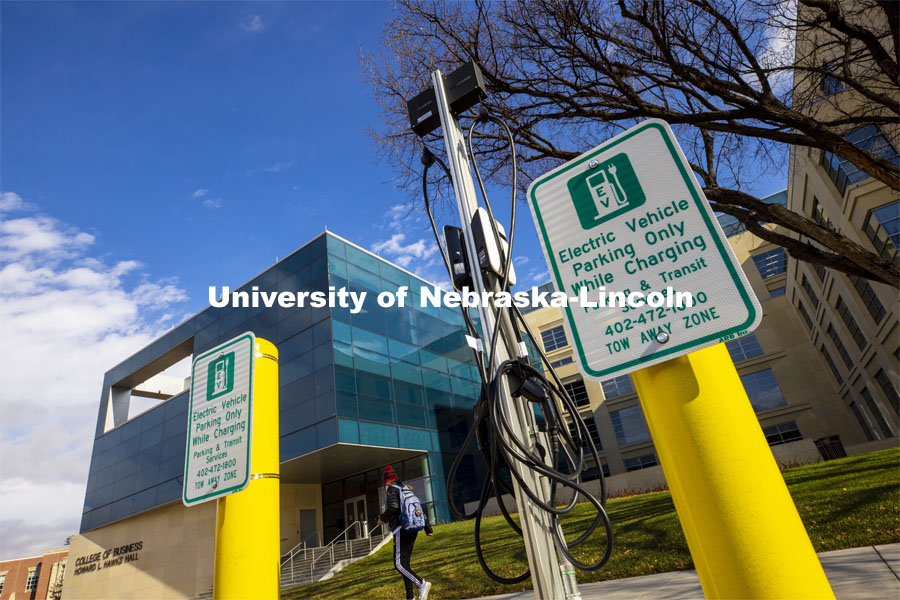 There are four new charging stations on the UNL campuses awaits electric vehicles in front of Howard Hawks Hall. The stations are capable of charging Teslas, along with other popular brands of electric vehicles. November 12, 2020.  Photo by Craig Chandler / University Communication.