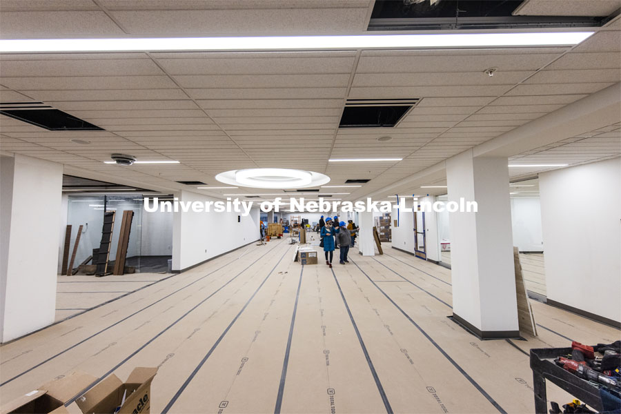 The bottom floor of the library. Tour of remodeled C.Y. Thompson library on east campus. November 23, 2020. Photo by Craig Chandler / University Communication.