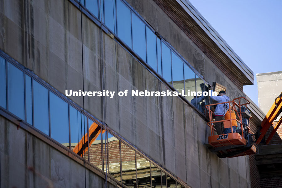 New windows being installed in Canfield Hall. December 7, 2020. Photo by Craig Chandler / University Communication.