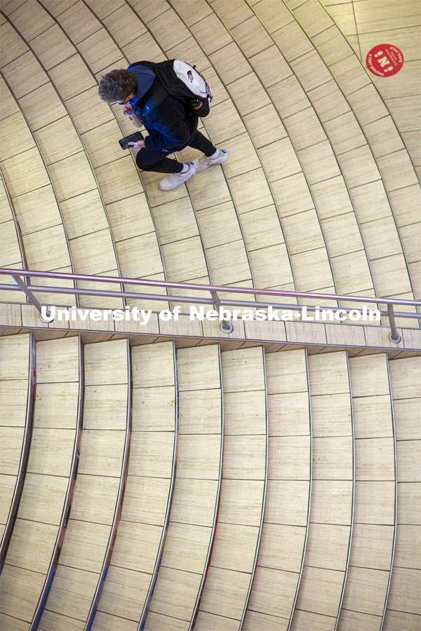 Students climb the steps to the lower level of the Nebraska Union. February 4, 2021. Photo by Craig Chandler / University Communication